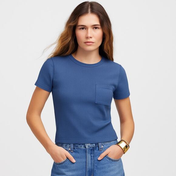 NEW Madewell Garment-Dyed Ribbed Crewneck Pocket Tee Women M Blue Casual Basic - Picture 1 of 8